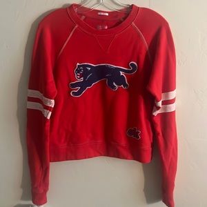 sweater red blue, and white